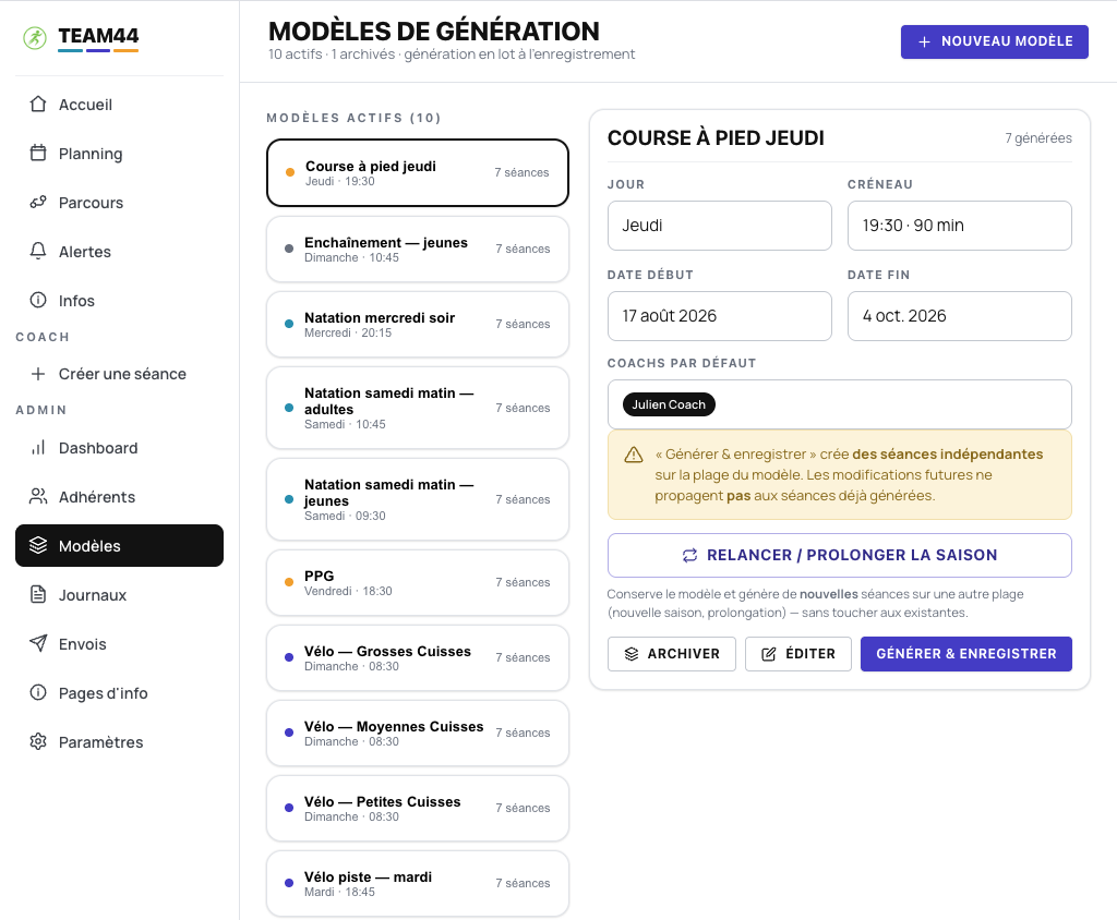 Modèles de séance : liste des modèles actifs et formulaire de génération sur une plage de dates