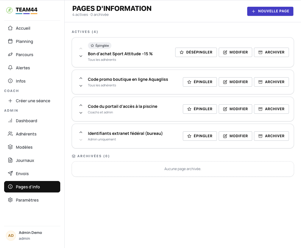 Pages d'information : quatre pages actives, chacune avec sa portée de visibilité et ses actions