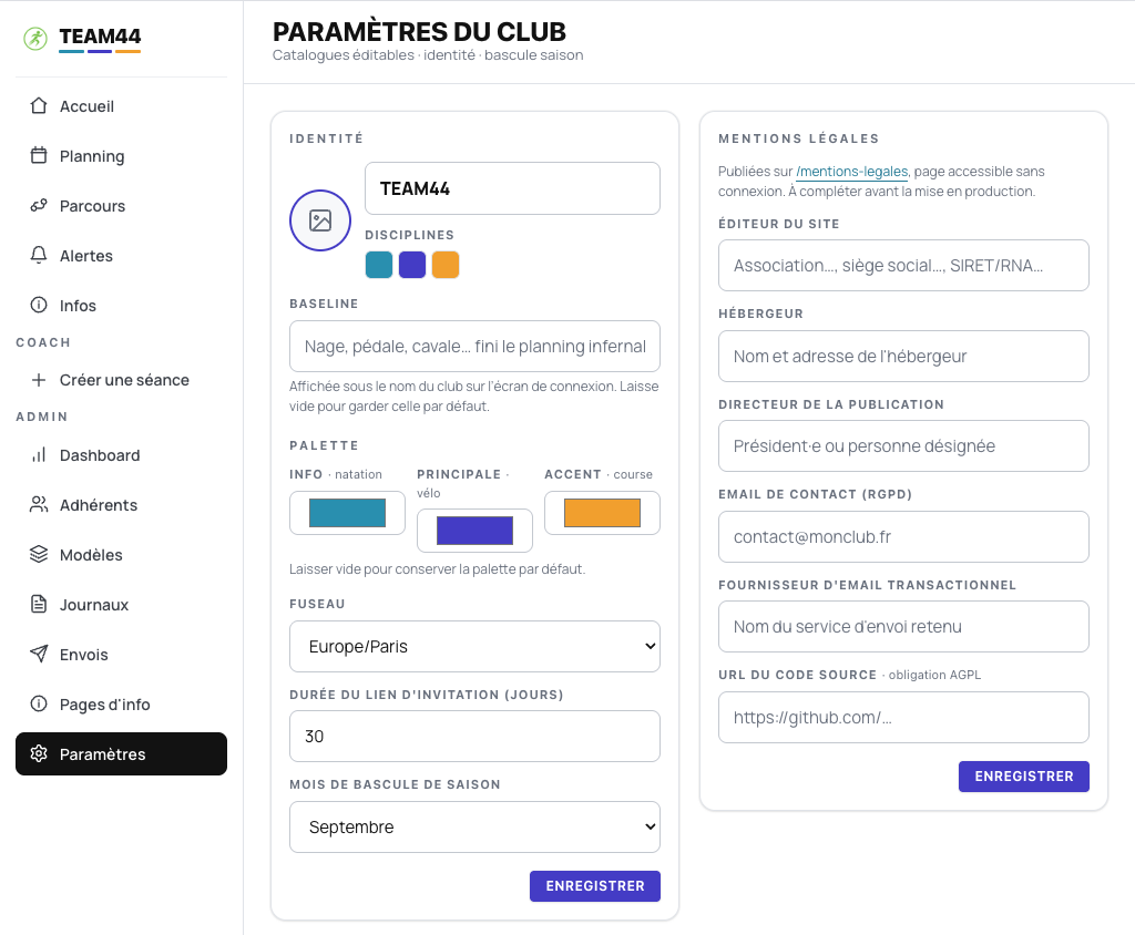 Paramètres : identité du club (nom, logo, baseline, palette) à gauche, mentions légales à droite