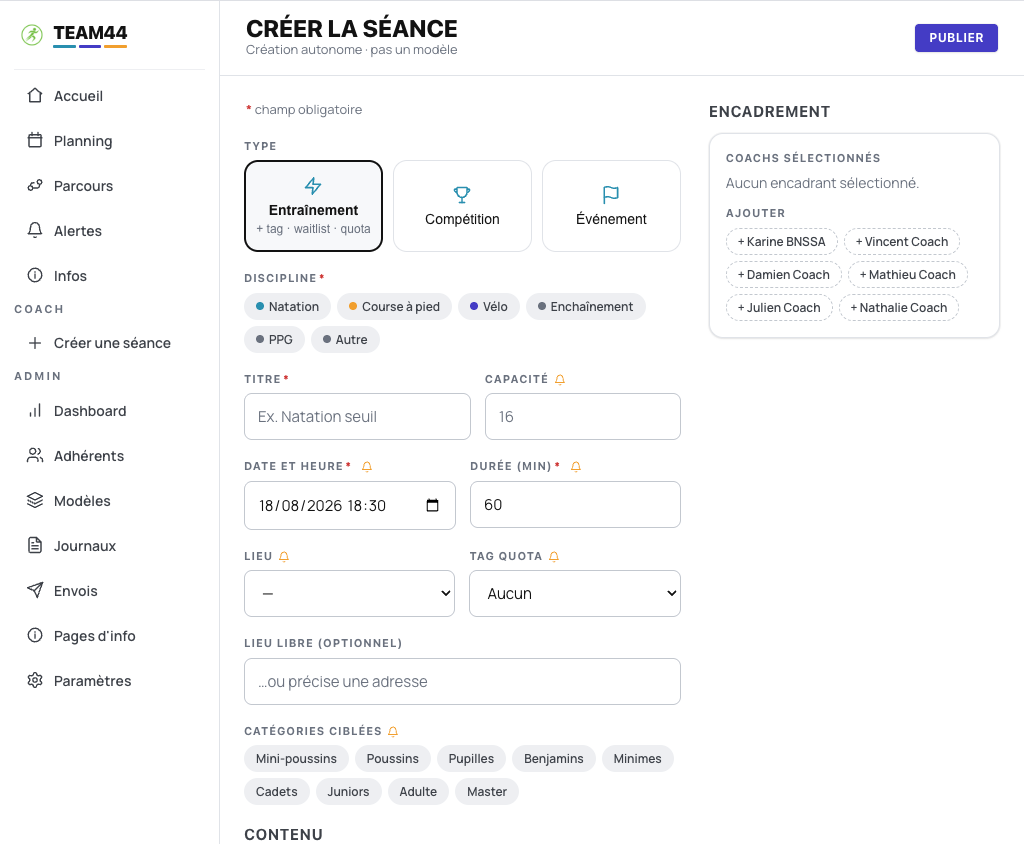 Formulaire de création de séance : type, discipline, capacité, tag de quota, catégories ciblées, encadrement