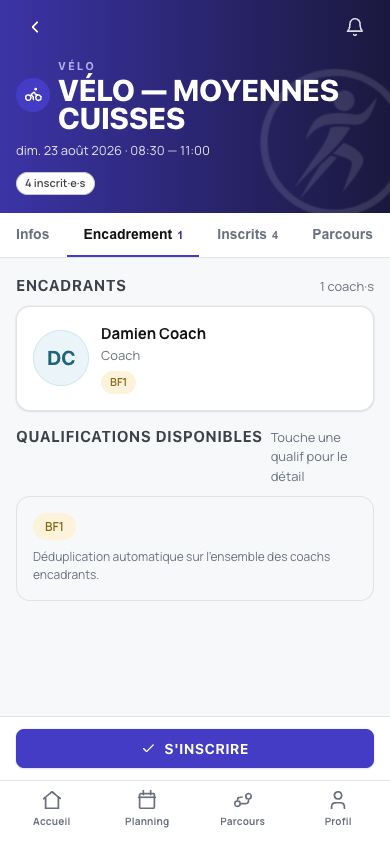 Onglet Encadrement : coach de la séance et ses qualifications