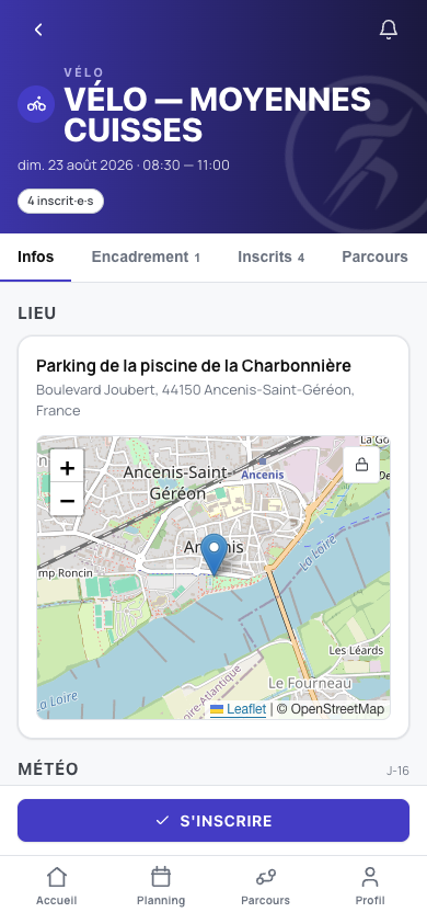 Onglet Infos d'une séance : horaires, lieu, description