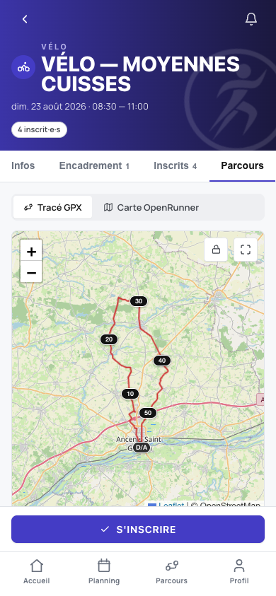 Fiche de séance sur mobile : onglet Parcours affichant le tracé GPX et ses bornes kilométriques